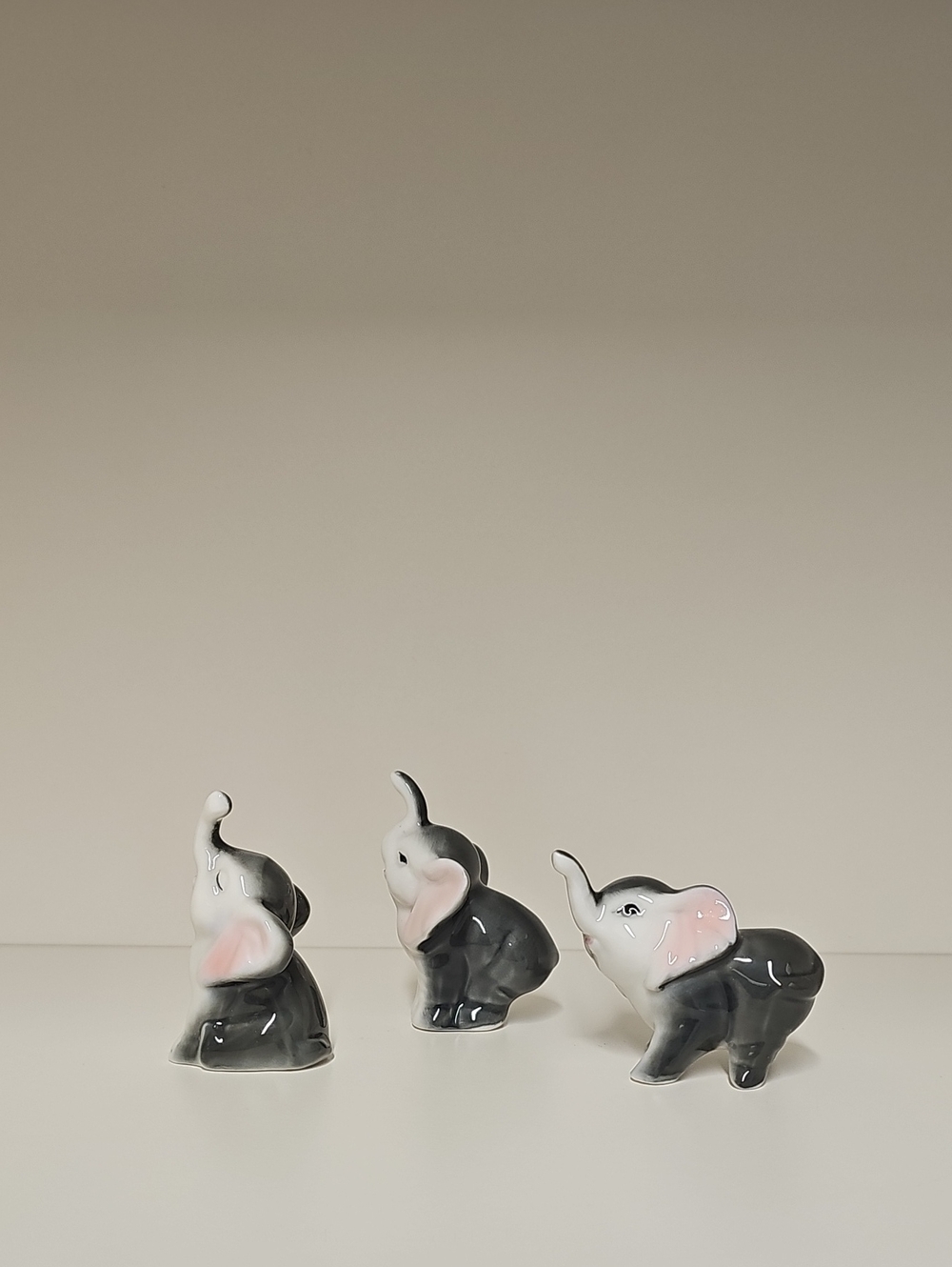 Vintage Ceramic Porcelain Elephant Figurines - Gray with Pink Ears Qty 3